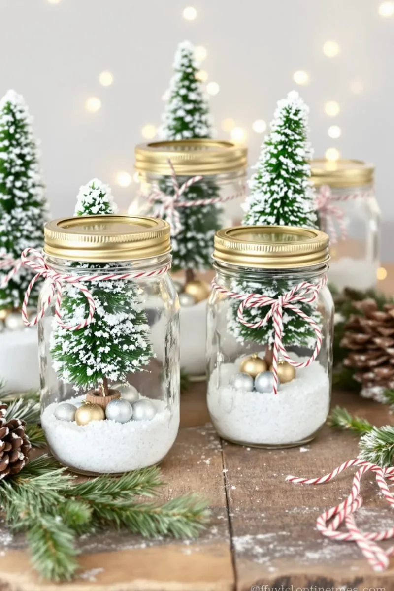 mason jar snow globes with bottle brush trees and glitter 1