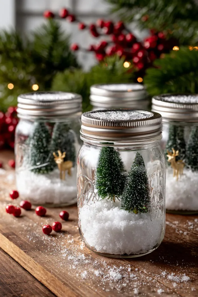 mason jar snow globes with bottle brush trees and glitter 1