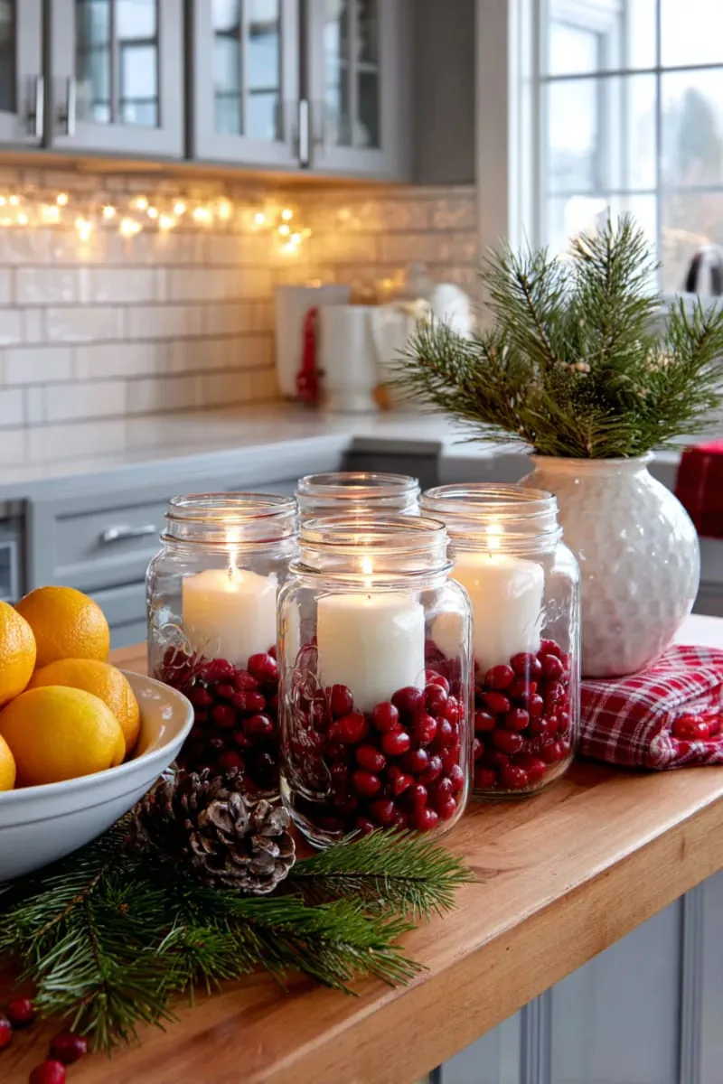 29 Creative Christmas Kitchen Decor Ideas You'll Absolutely Love 14 mason jars filled with cranberries and floating candles 1