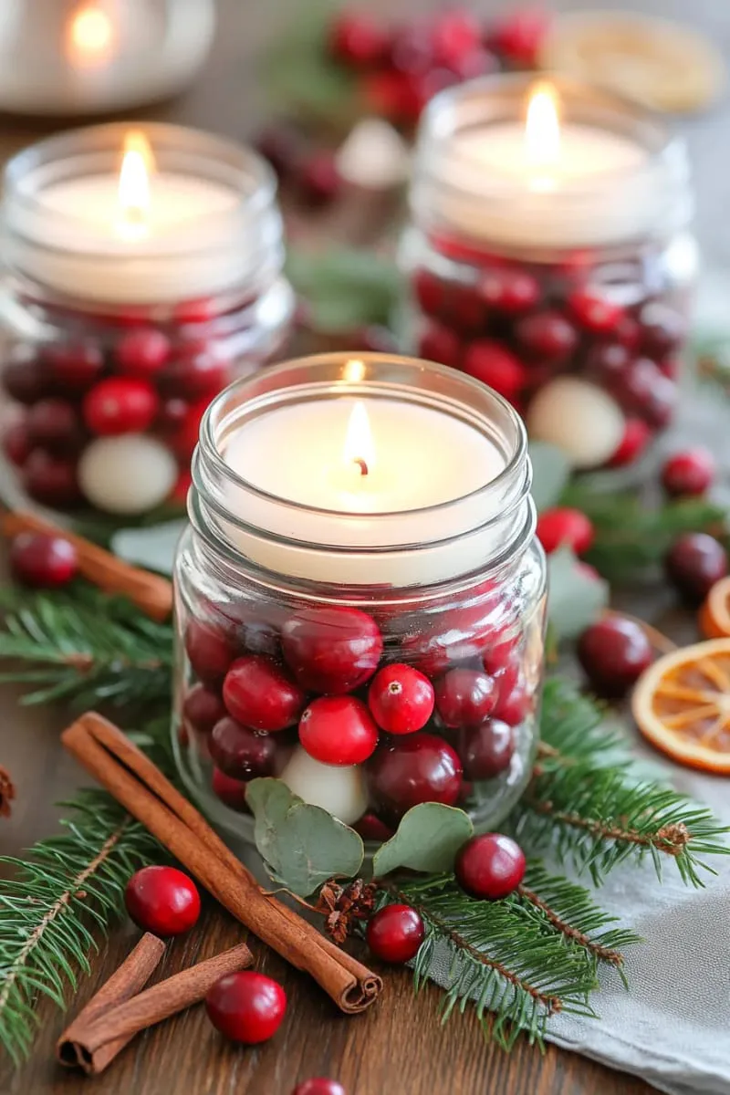 29 Creative Christmas Kitchen Decor Ideas You'll Absolutely Love 15 mason jars filled with cranberries and floating candles 1