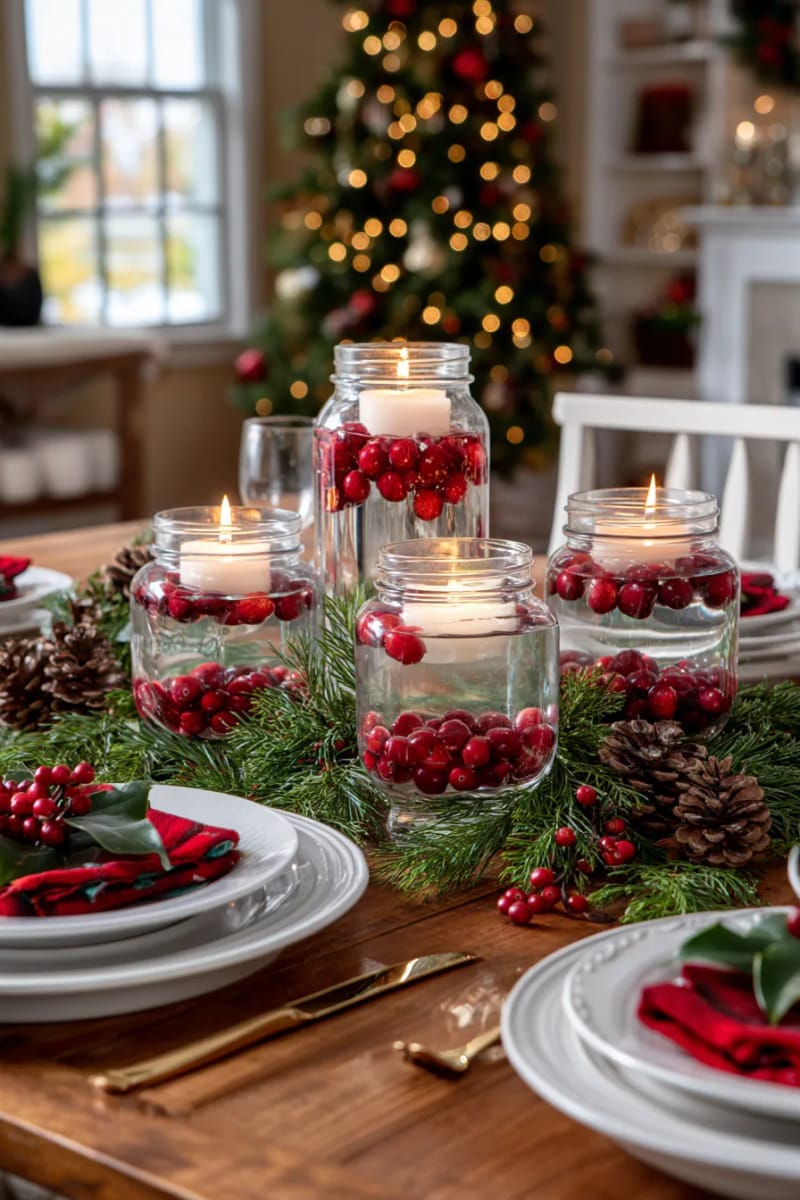 mason jars filled with cranberries and floating candles as centerpieces 1