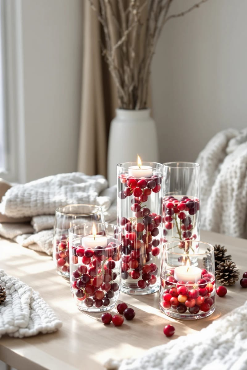 mason jars filled with cranberries and floating candles as centerpieces 1