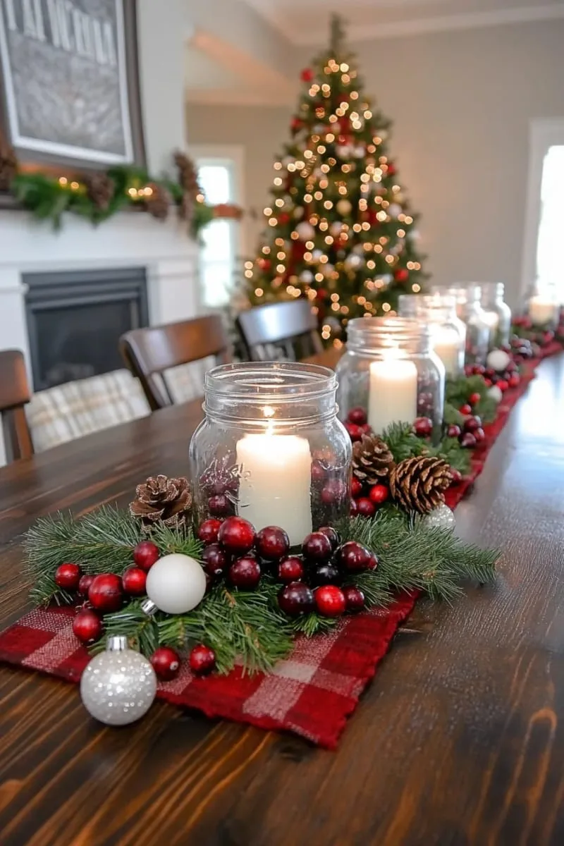 mason jars filled with cranberries and floating candles as table decor 1