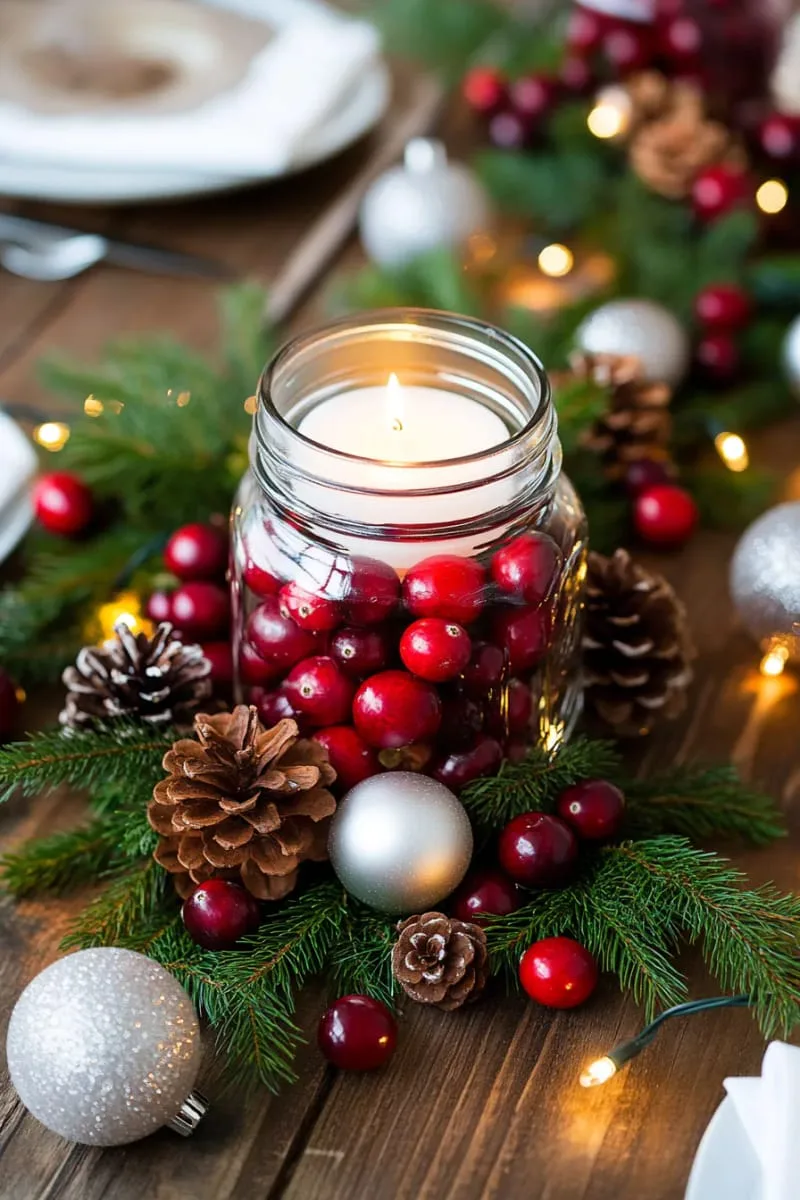 mason jars filled with cranberries and floating candles as table decor 1