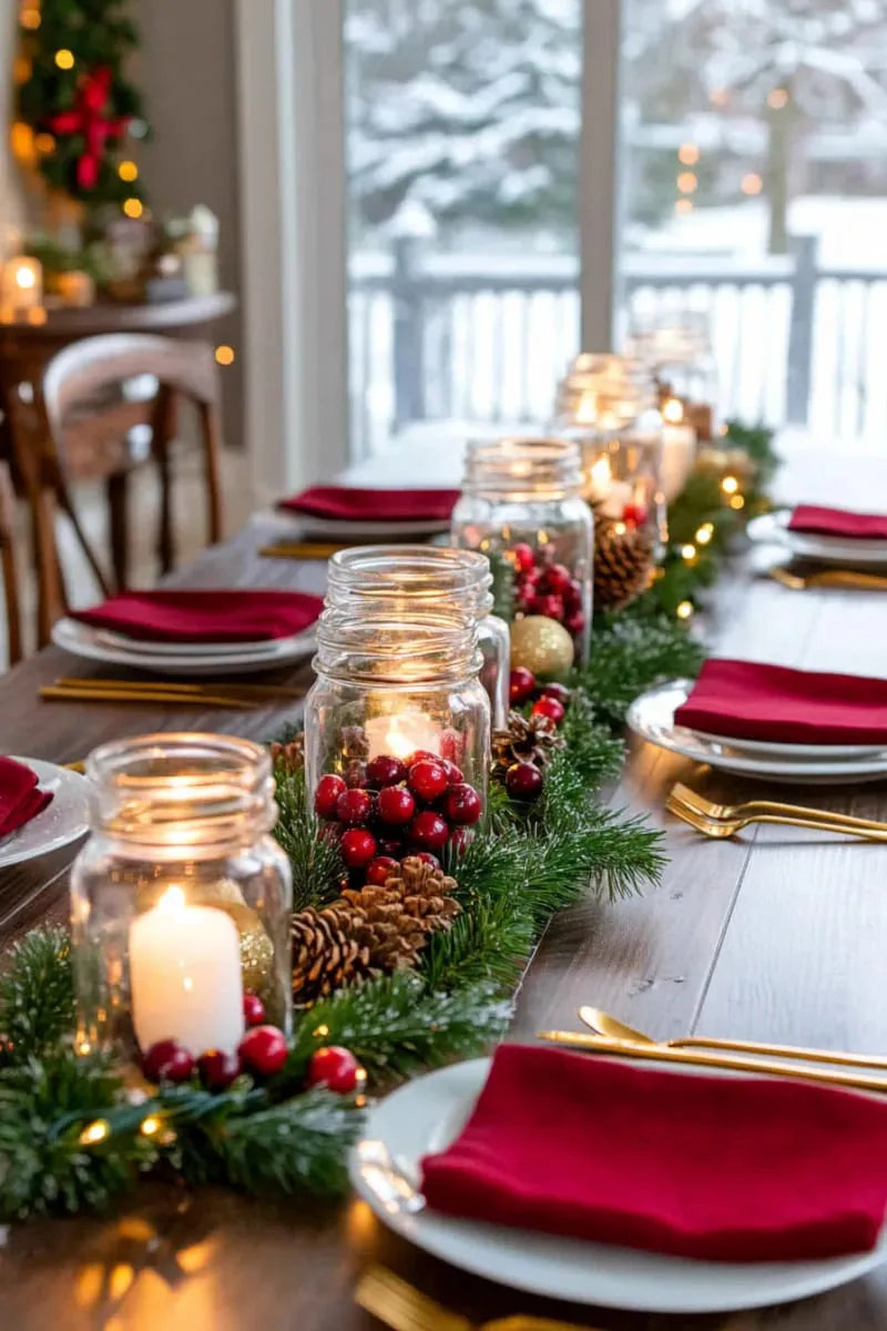 29 Elegant Christmas Party Decor Ideas to Copy This Year 86 mason jars filled with cranberries and floating candles as table lighting 1