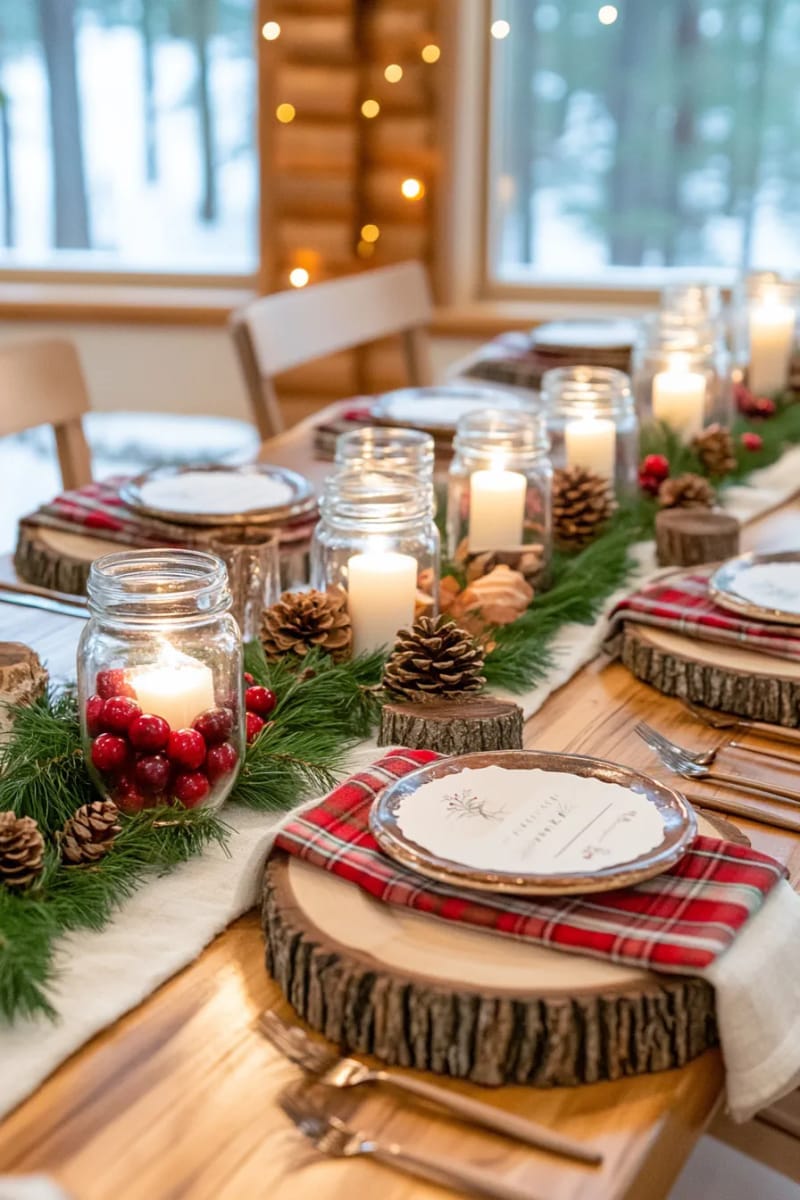 23 Woodsy Christmas Decor Ideas for a Rustic, Cabin-Cozy Holiday 14 mason jars filled with cranberries, pine needles, and floating candles 1