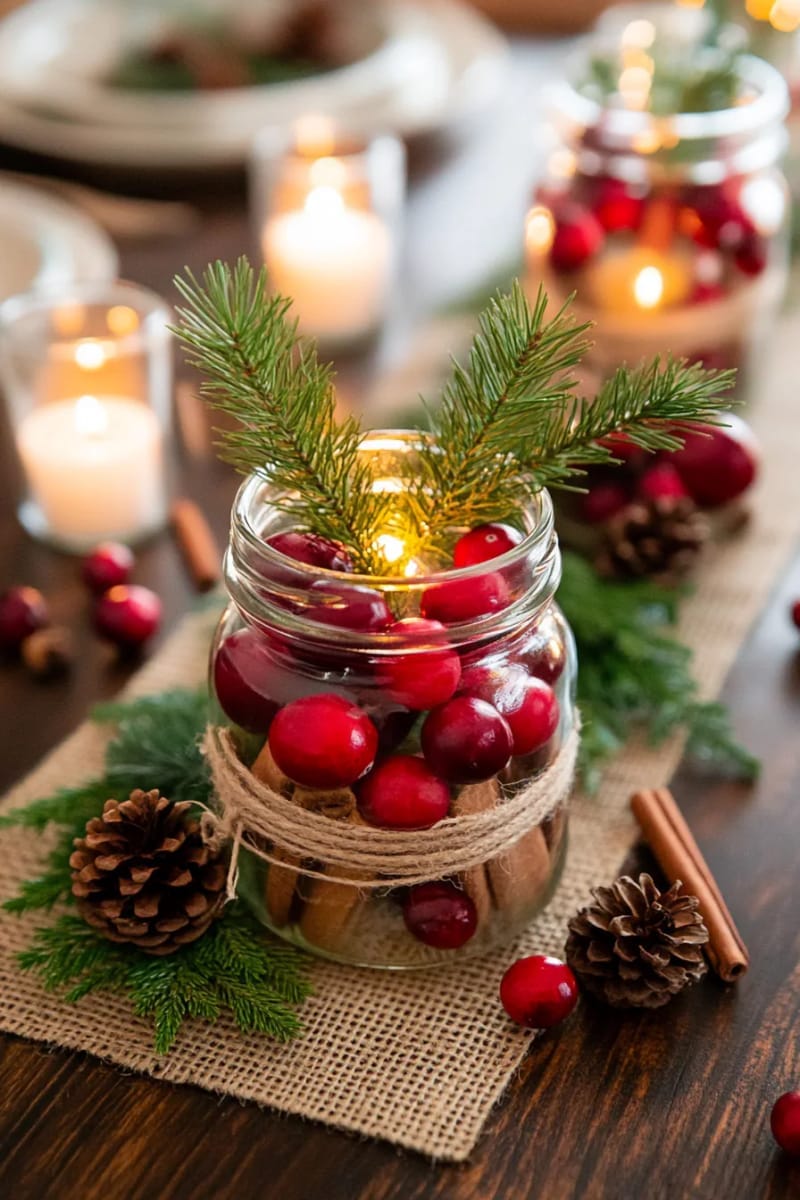 23 Woodsy Christmas Decor Ideas for a Rustic, Cabin-Cozy Holiday 15 mason jars filled with cranberries, pine needles, and floating candles 1