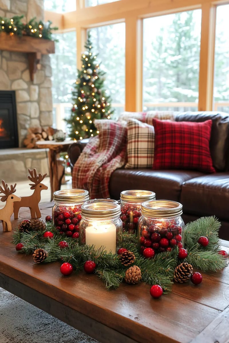 23 Woodsy Christmas Decor Ideas for a Rustic, Cabin-Cozy Holiday 16 mason jars filled with cranberries, pine needles, and floating candles 1