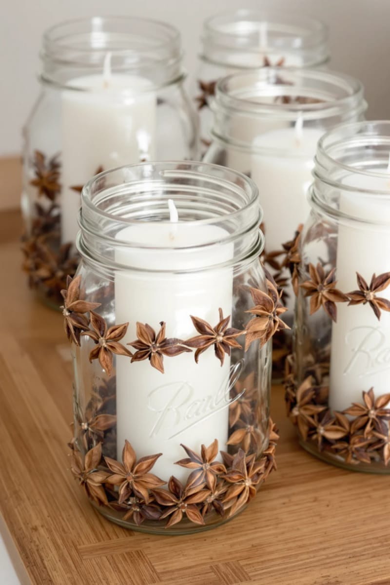 29 Inspiring Natural Christmas Decor Ideas for Modern Homes 32 mason jars lined with star anise and filled with white candles 1