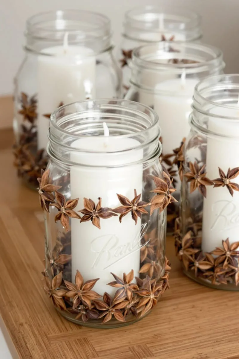 mason jars lined with star anise and filled with white candles 1