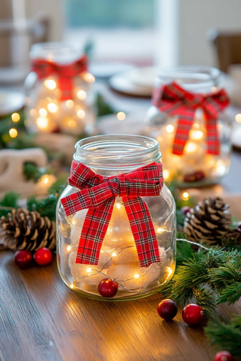 23 Christmas Countertop Decor Ideas Guests Can’t Stop Talking About 24 mason jars with fairy lights and red plaid ribbon bows 1