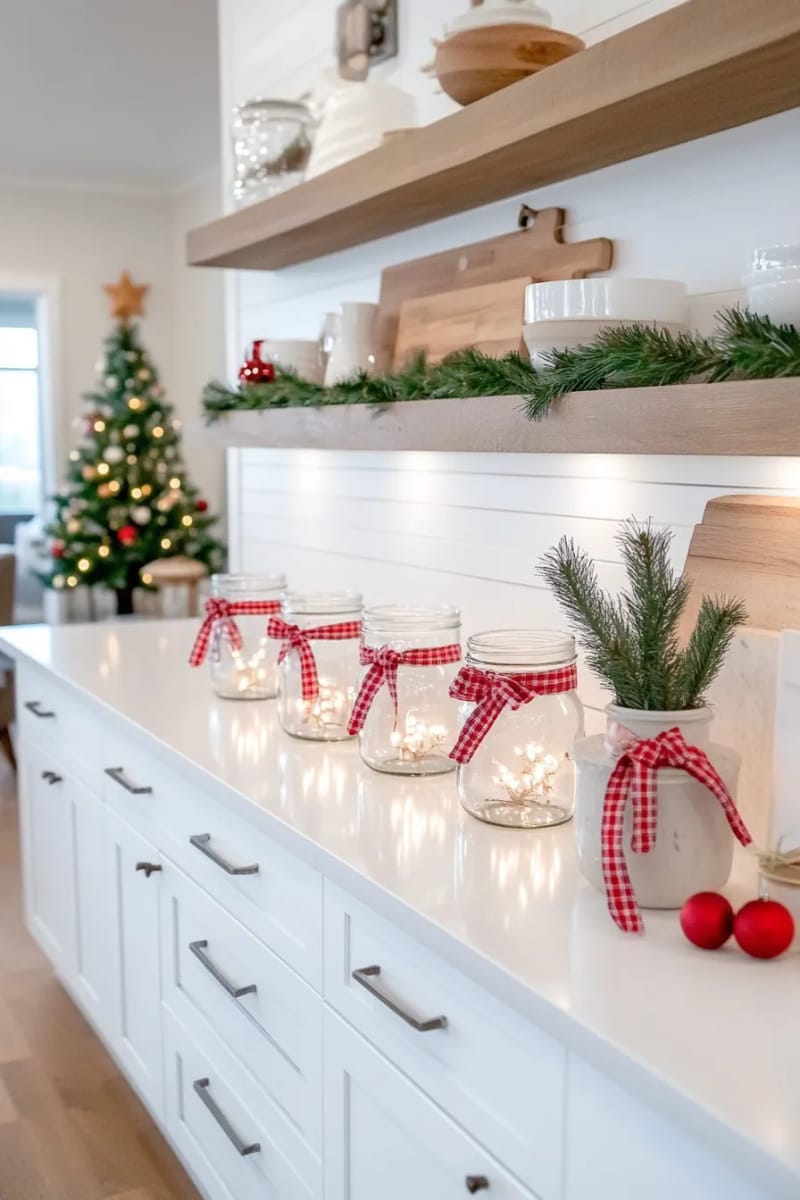 23 Christmas Countertop Decor Ideas Guests Can’t Stop Talking About 25 mason jars with fairy lights and red plaid ribbon bows 1