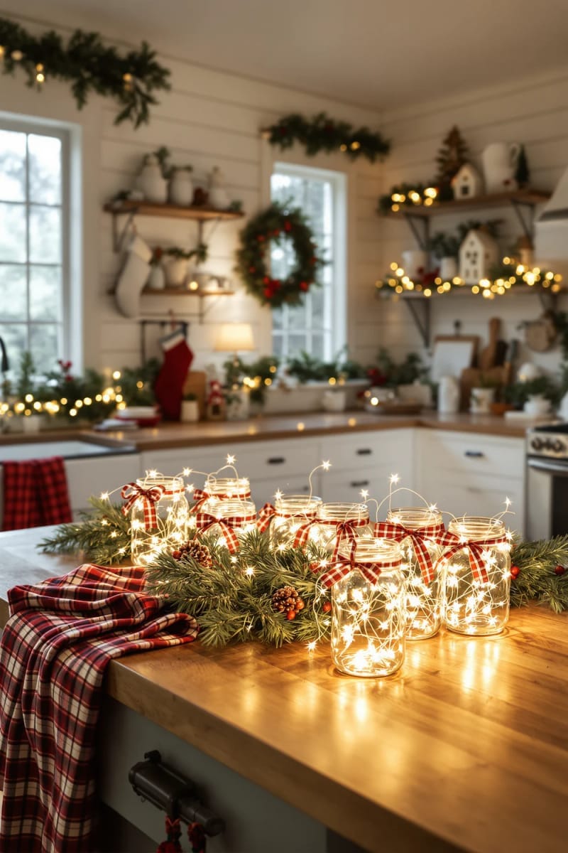 23 Christmas Countertop Decor Ideas Guests Can’t Stop Talking About 26 mason jars with fairy lights and red plaid ribbon bows 1