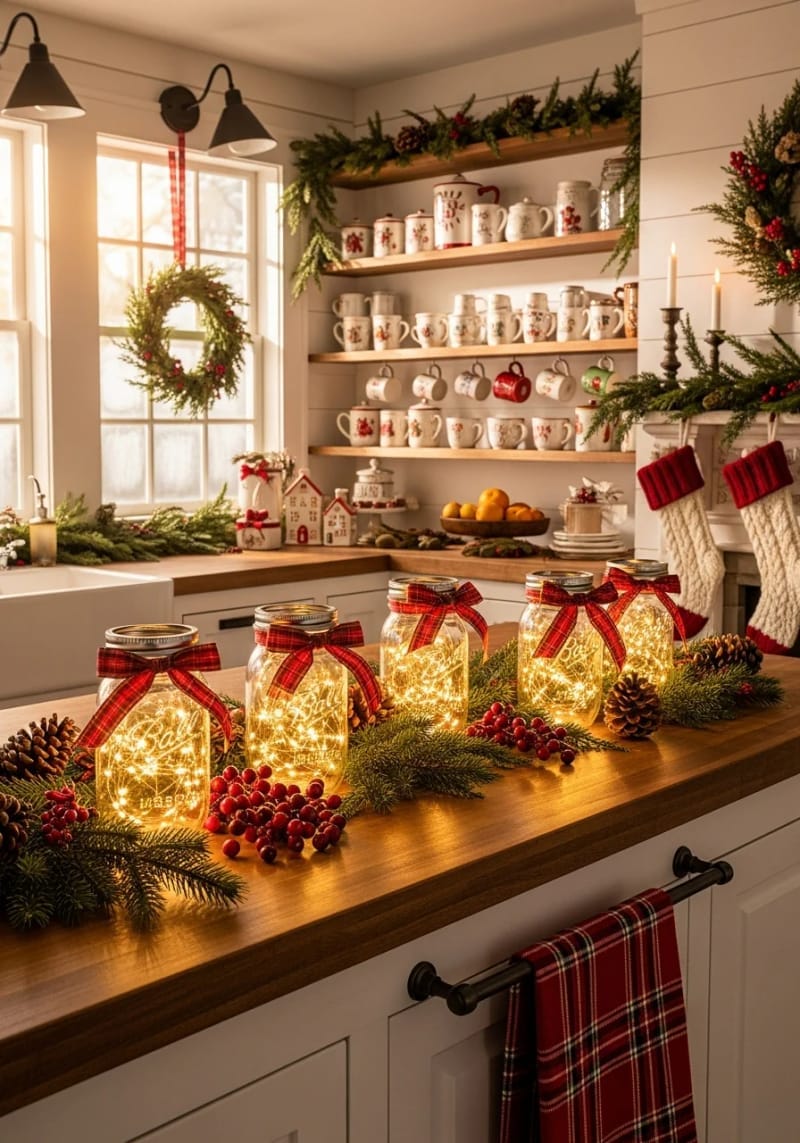 23 Christmas Countertop Decor Ideas Guests Can’t Stop Talking About 27 mason jars with fairy lights and red plaid ribbon bows 1