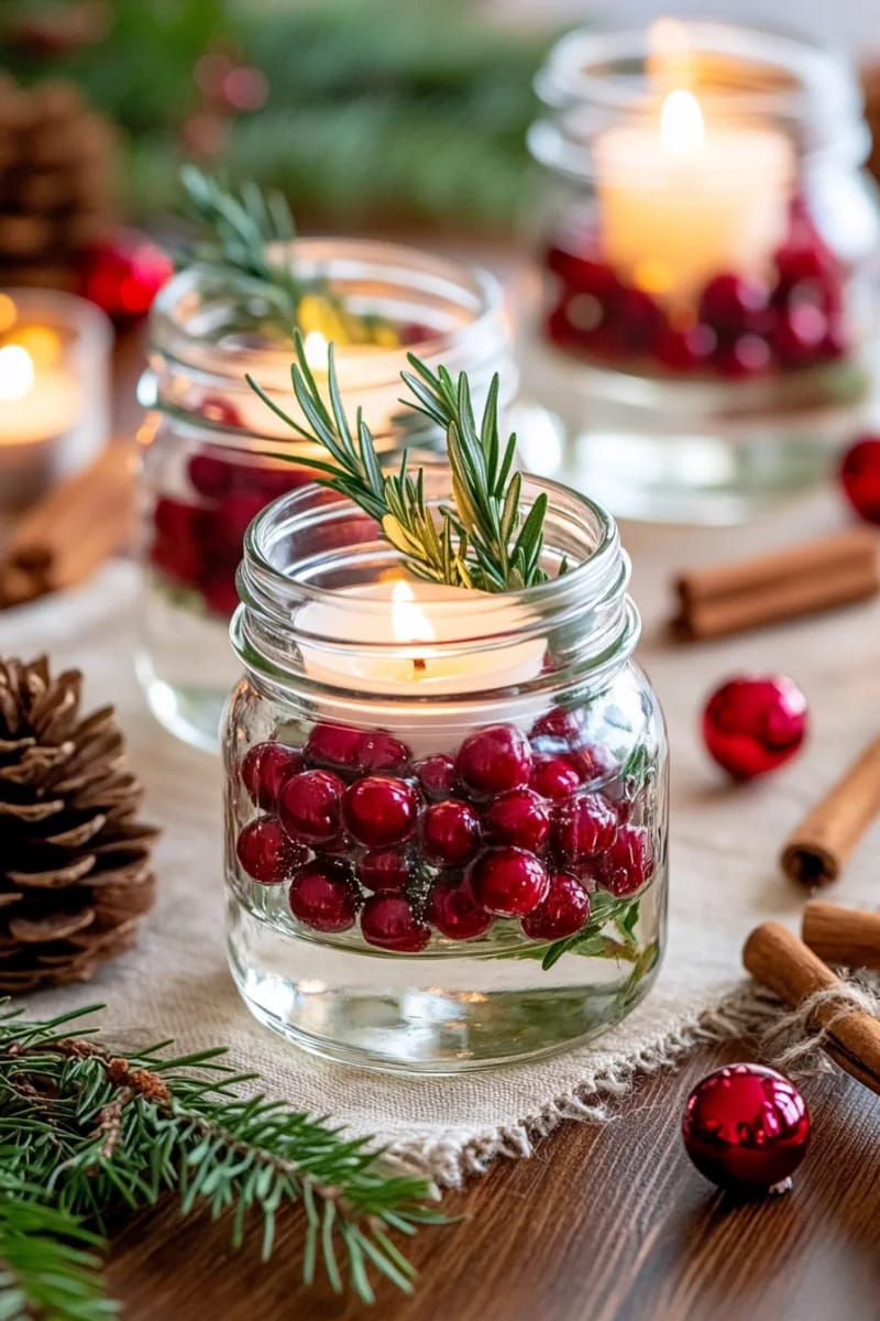 23 Christmas Table Centerpiece Ideas for a Magical Holiday Setting 29 mason jars with floating candles and sprigs of rosemary and holly 1