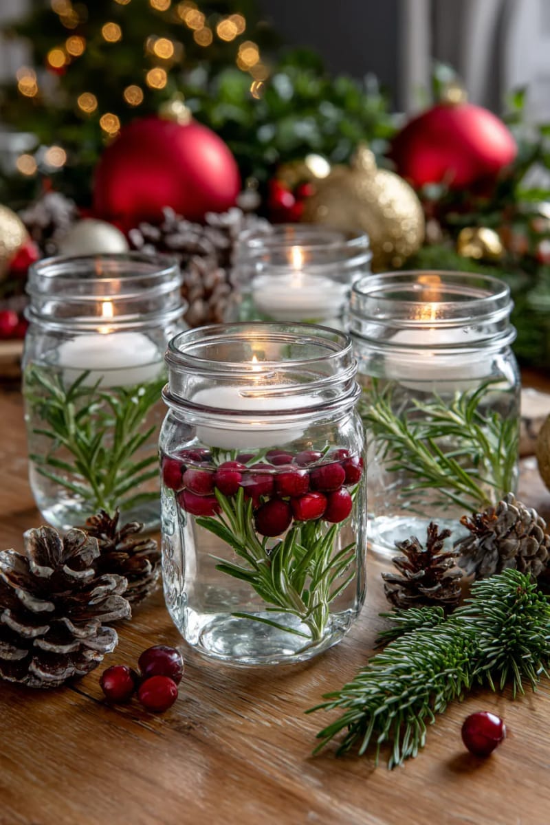 23 Christmas Table Centerpiece Ideas for a Magical Holiday Setting 32 mason jars with floating candles and sprigs of rosemary and holly 1