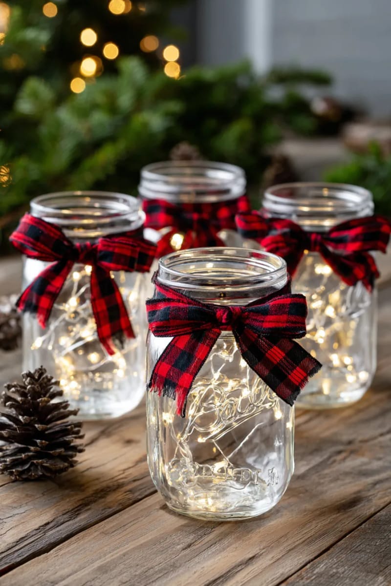 mason jars with plaid ribbons and twinkling fairy lights 1