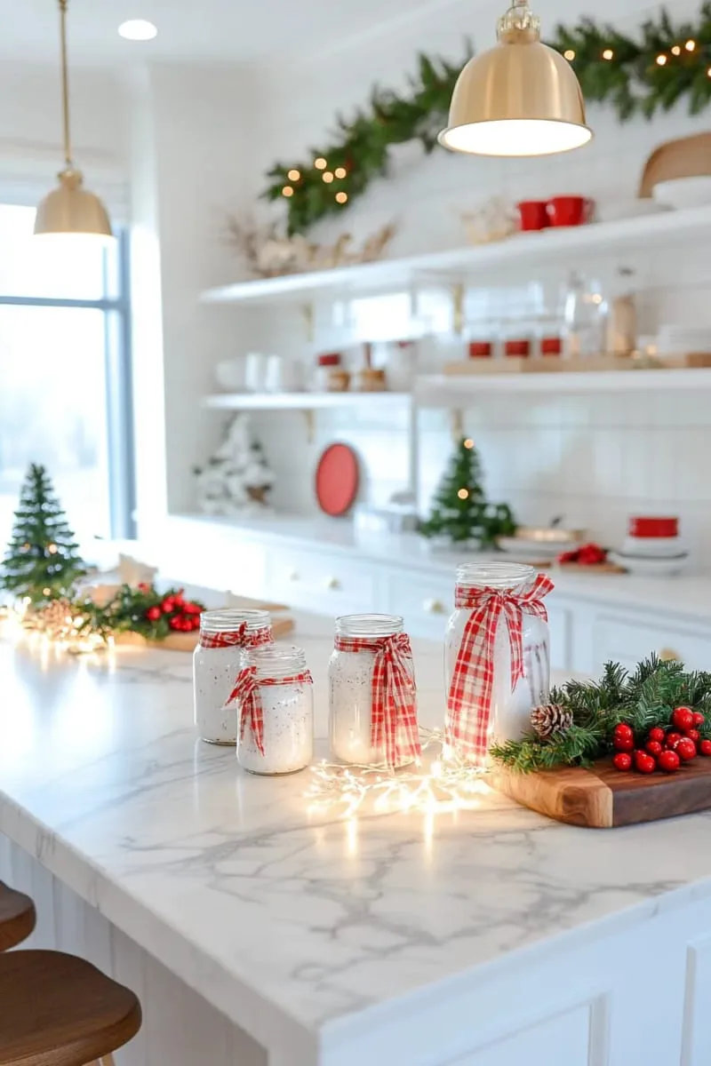 29 Best Christmas Decorations Trends You Can't Miss This Year 139 mason jars with plaid ribbons and twinkling fairy lights 1