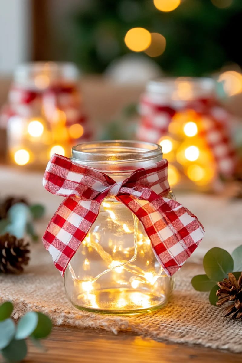 mason jars with plaid ribbons and twinkling fairy lights 1