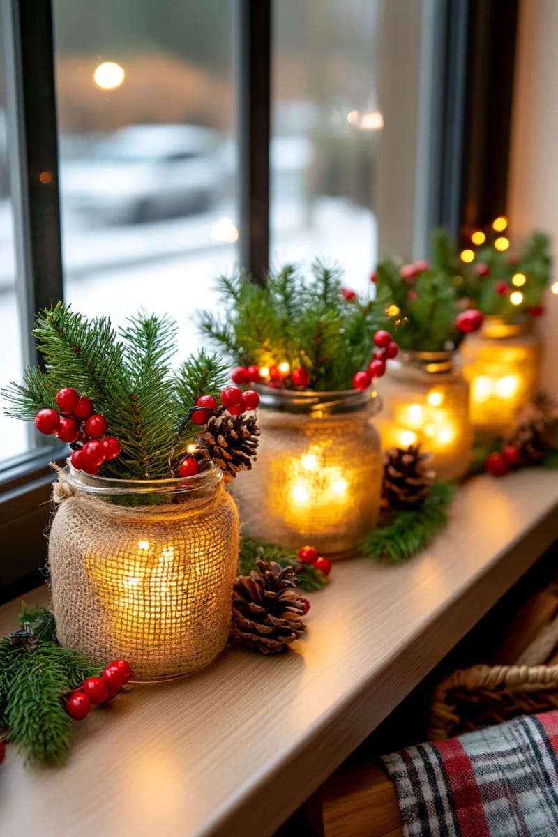 mason jars wrapped in burlap, filled with pine and fairy lights 1