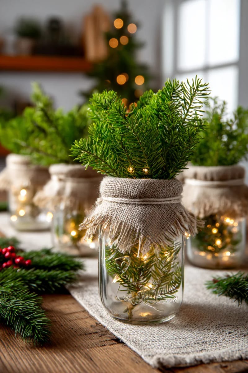 mason jars wrapped in burlap, filled with pine and fairy lights 1
