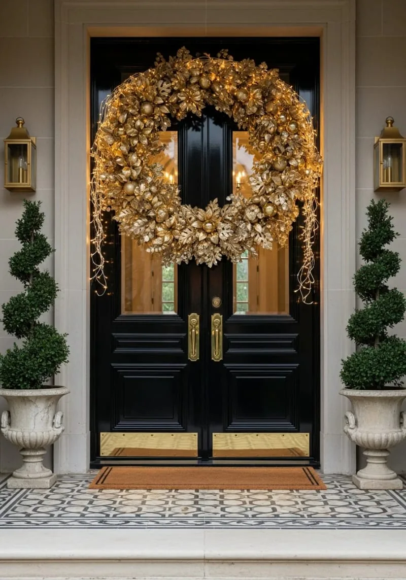 massive golden wreath with cascading fairy lights for a grand front door 1 massive golden wreath with cascading fairy lights for a grand front door 1