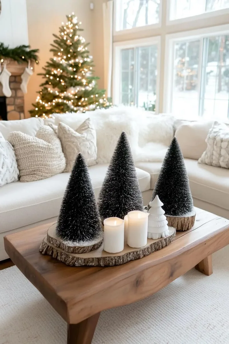 matte black cone trees sprinkled with snowy flocking for a winter forest vignette 1