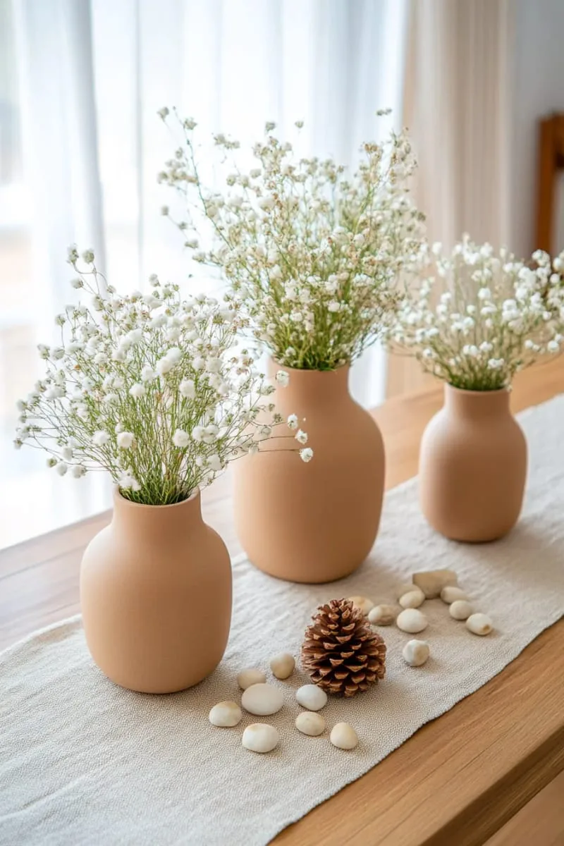matte stoneware vases of dried baby's breath and pine 1