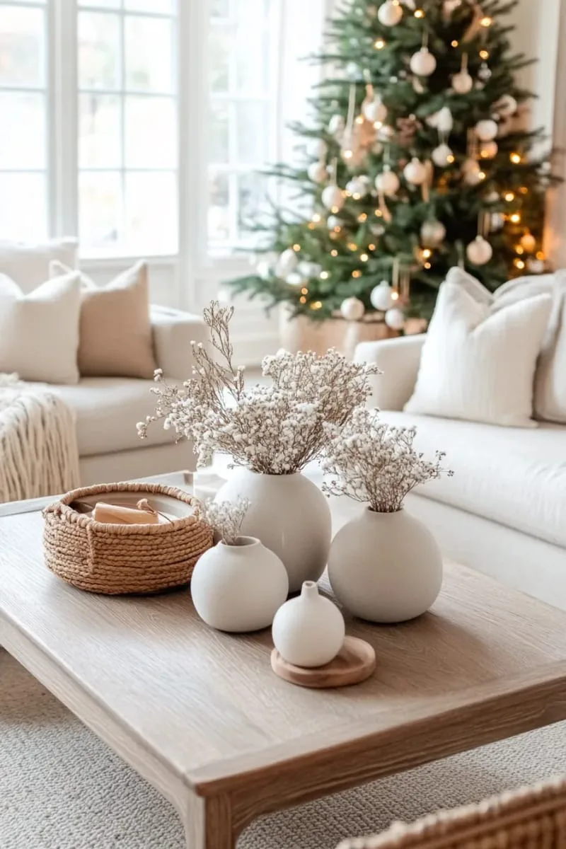matte stoneware vases of dried baby's breath and pine 1
