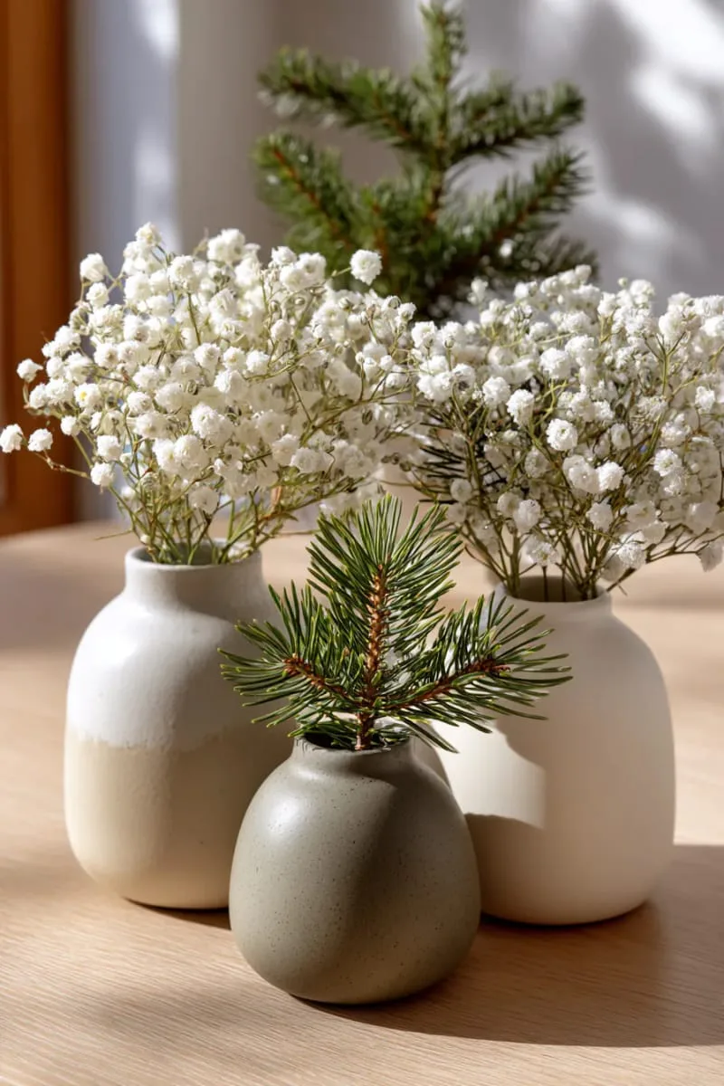 matte stoneware vases of dried baby's breath and pine 1