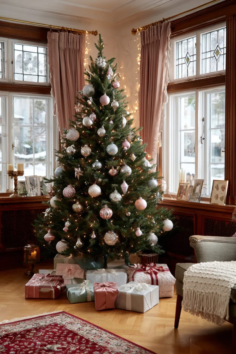 27 Vintage Christmas Decorations You'll Love 3 mercury glass ornaments and tinsel garland on a classic pine christmas tree 1