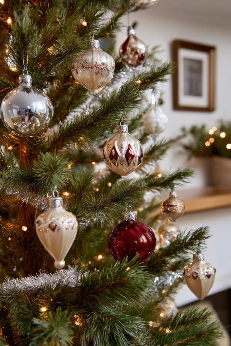 27 Vintage Christmas Decorations You'll Love 4 mercury glass ornaments and tinsel garland on a classic pine christmas tree 1