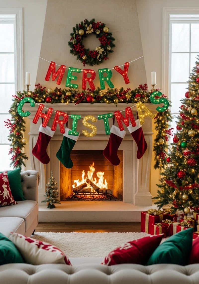 merry christmas banner with alternating red, green, and gold letters 1