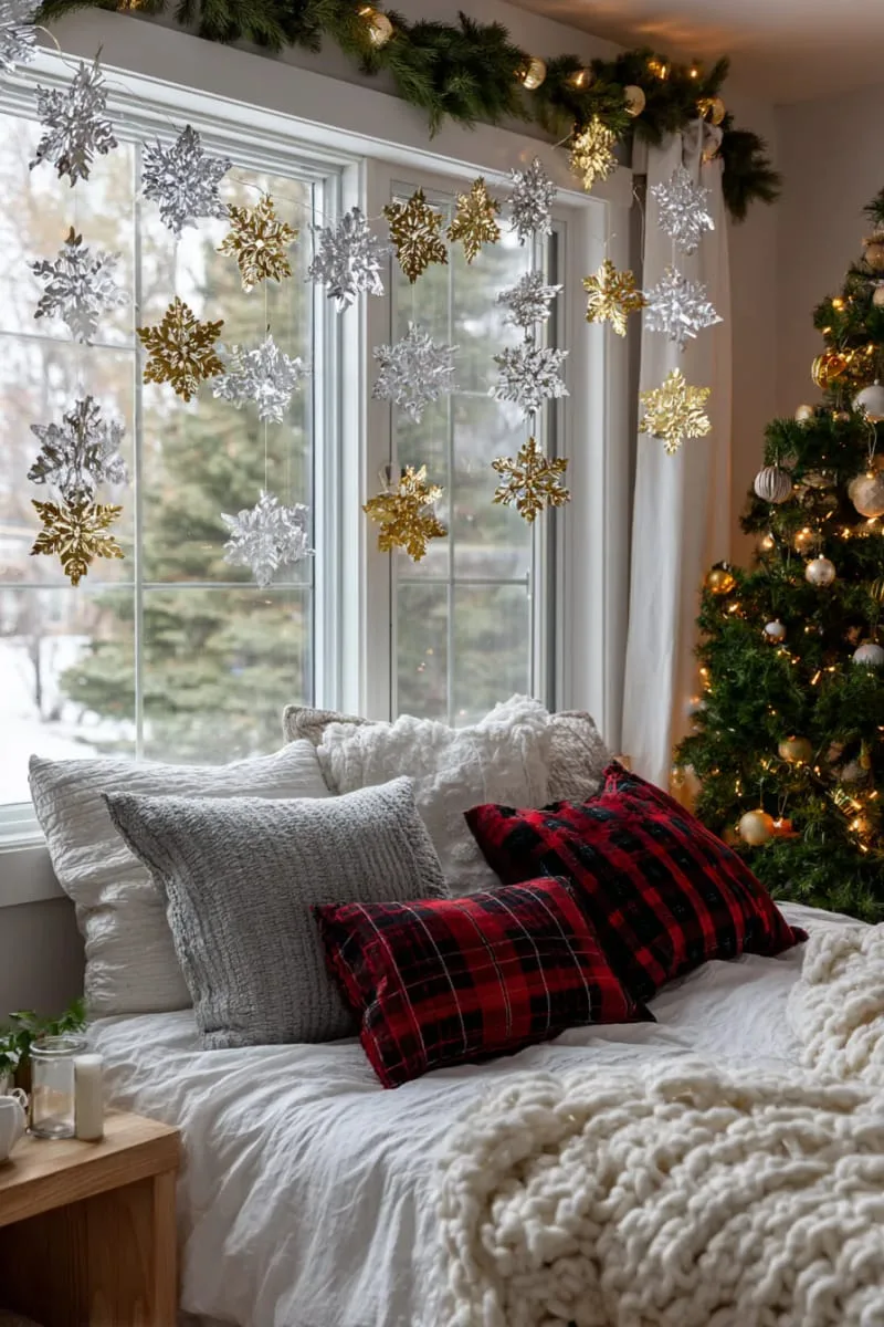 metallic snowflake garlands strung across the bedroom window 1