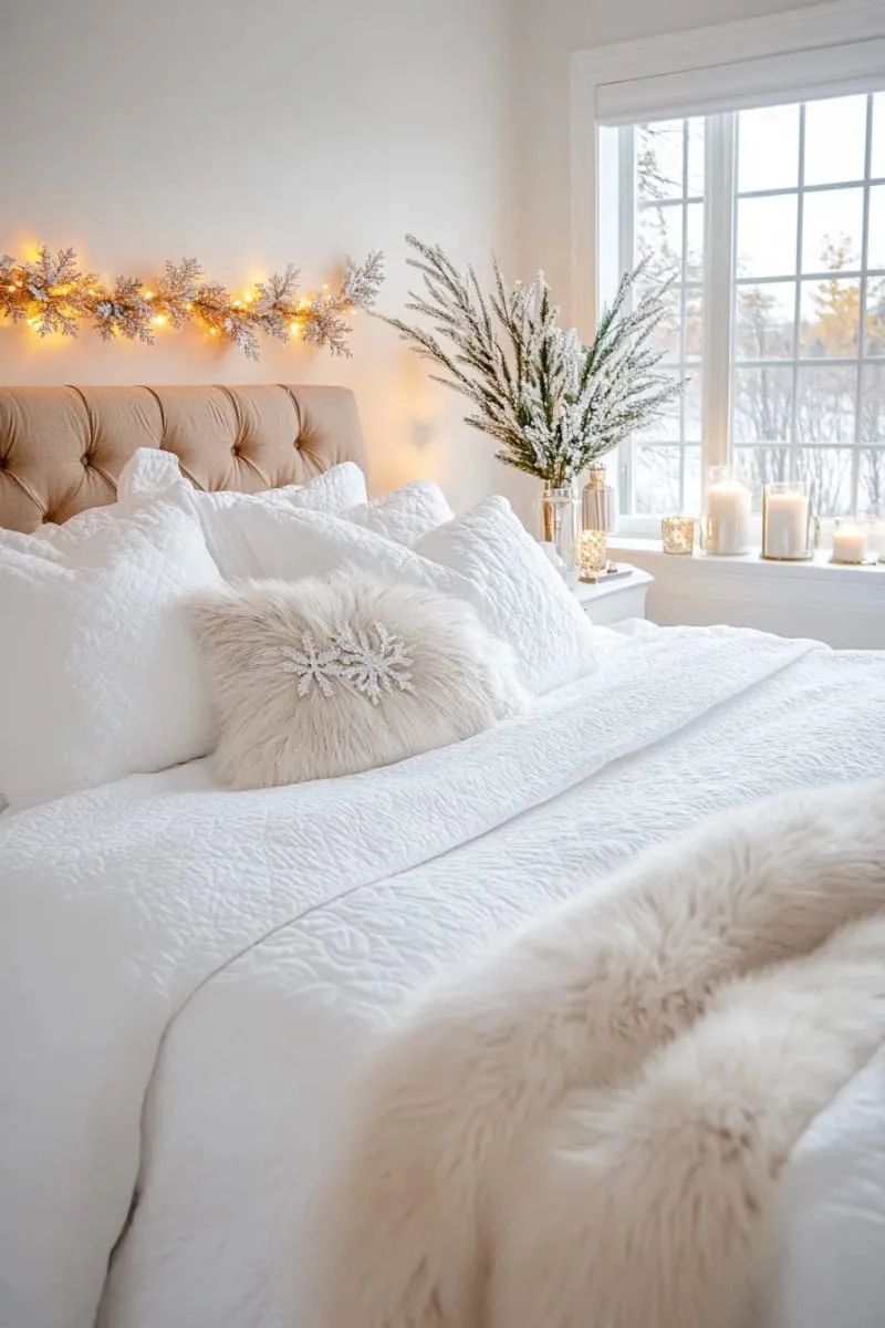 metallic snowflake garlands strung across the bedroom window 1