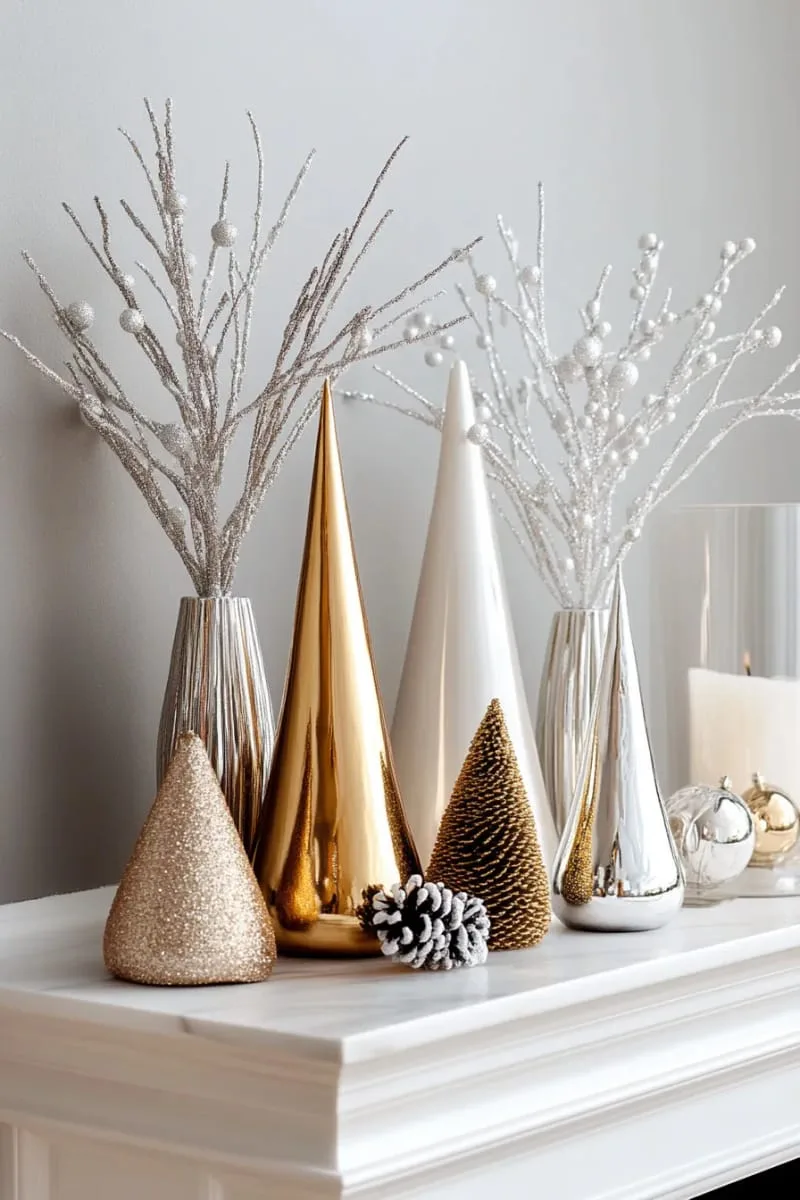 metallic tree figurines paired with glass vases and silver bead garlands 1