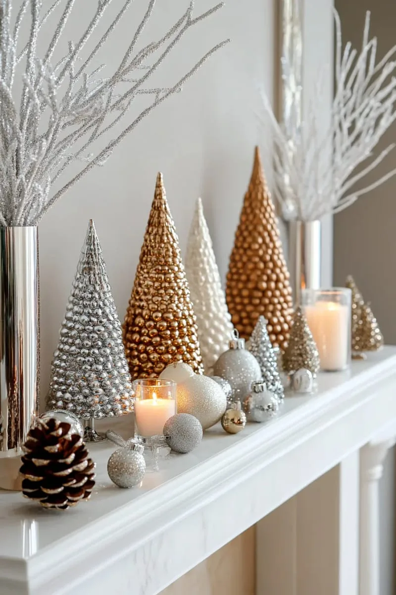 metallic tree figurines paired with glass vases and silver bead garlands 1