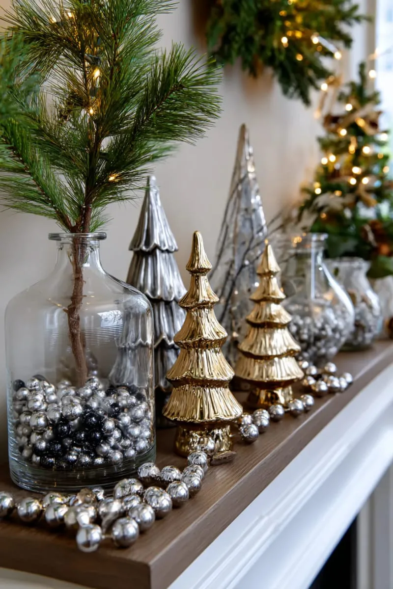 metallic tree figurines paired with glass vases and silver bead garlands 1