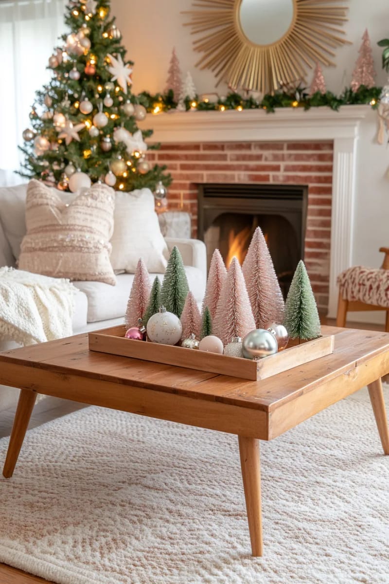 27 Vintage Christmas Decorations You'll Love 18 mid-century bottle brush trees in pastel colors grouped on a wooden tray 1