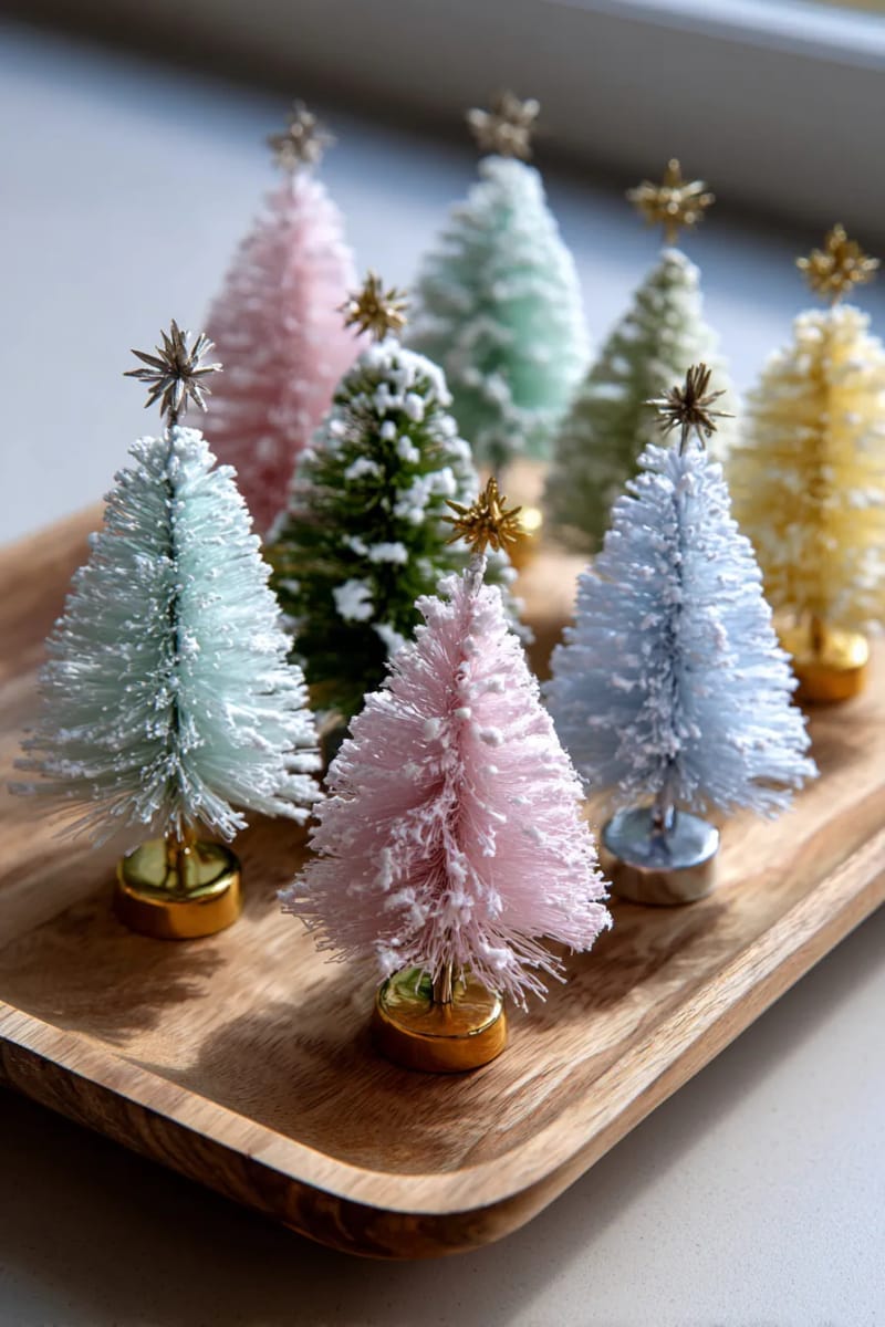 27 Vintage Christmas Decorations You'll Love 19 mid-century bottle brush trees in pastel colors grouped on a wooden tray 1