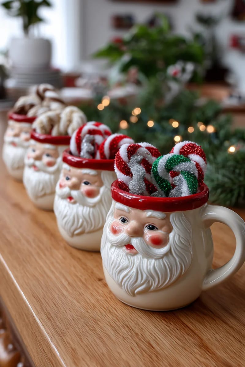23 Kitsch Christmas Decor Ideas Full of Color, Whimsy, and Cheer 13 mid-century santa mugs lined up with sparkly pipe cleaner candy picks 1