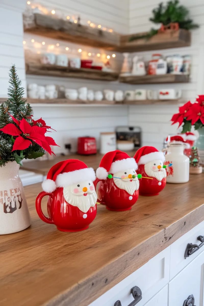 23 Kitsch Christmas Decor Ideas Full of Color, Whimsy, and Cheer 14 mid-century santa mugs lined up with sparkly pipe cleaner candy picks 1