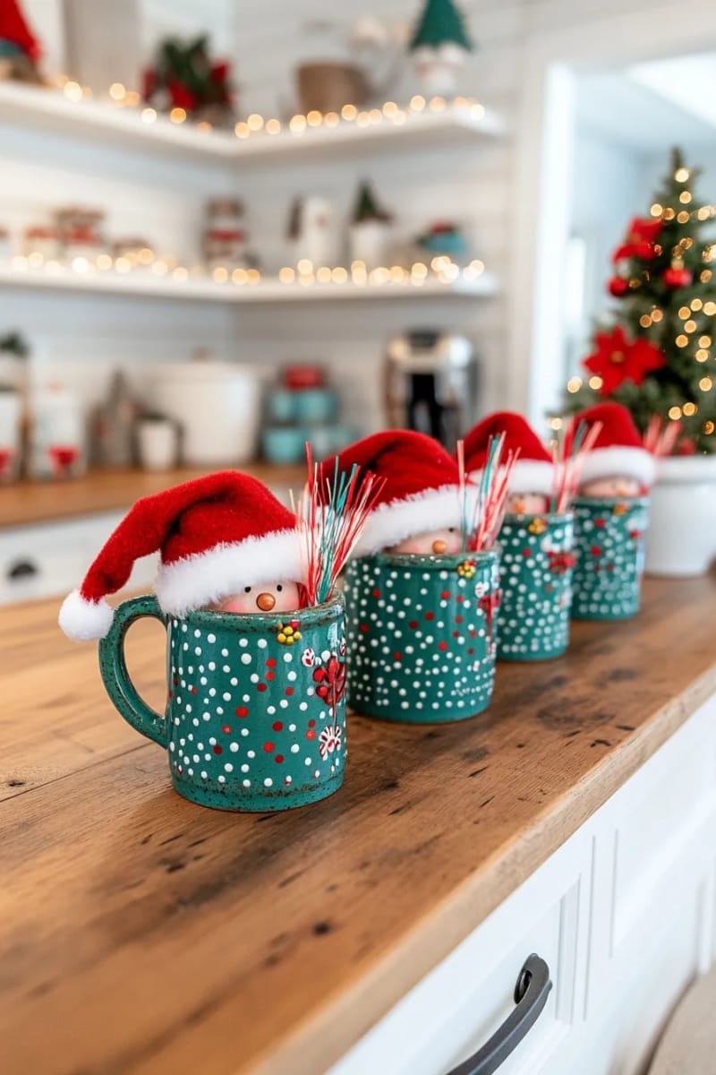 23 Kitsch Christmas Decor Ideas Full of Color, Whimsy, and Cheer 15 mid-century santa mugs lined up with sparkly pipe cleaner candy picks 1