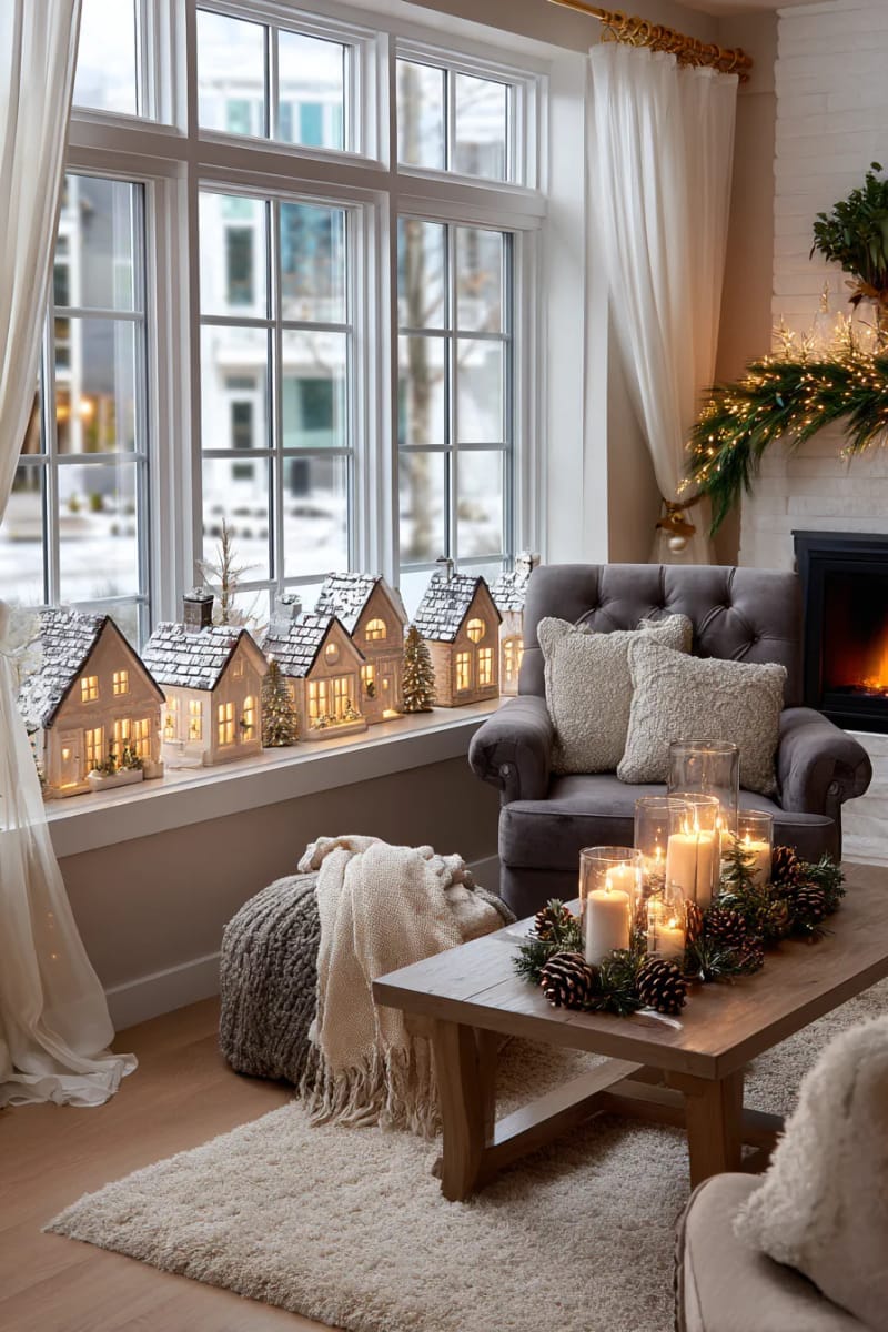 mini ceramic christmas village glowing on windowsill with twinkle lights 1
