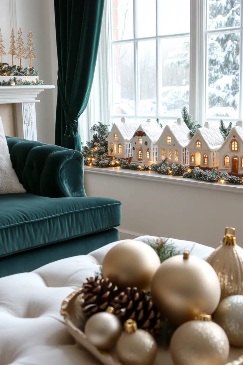 mini ceramic christmas village glowing on windowsill with twinkle lights 1