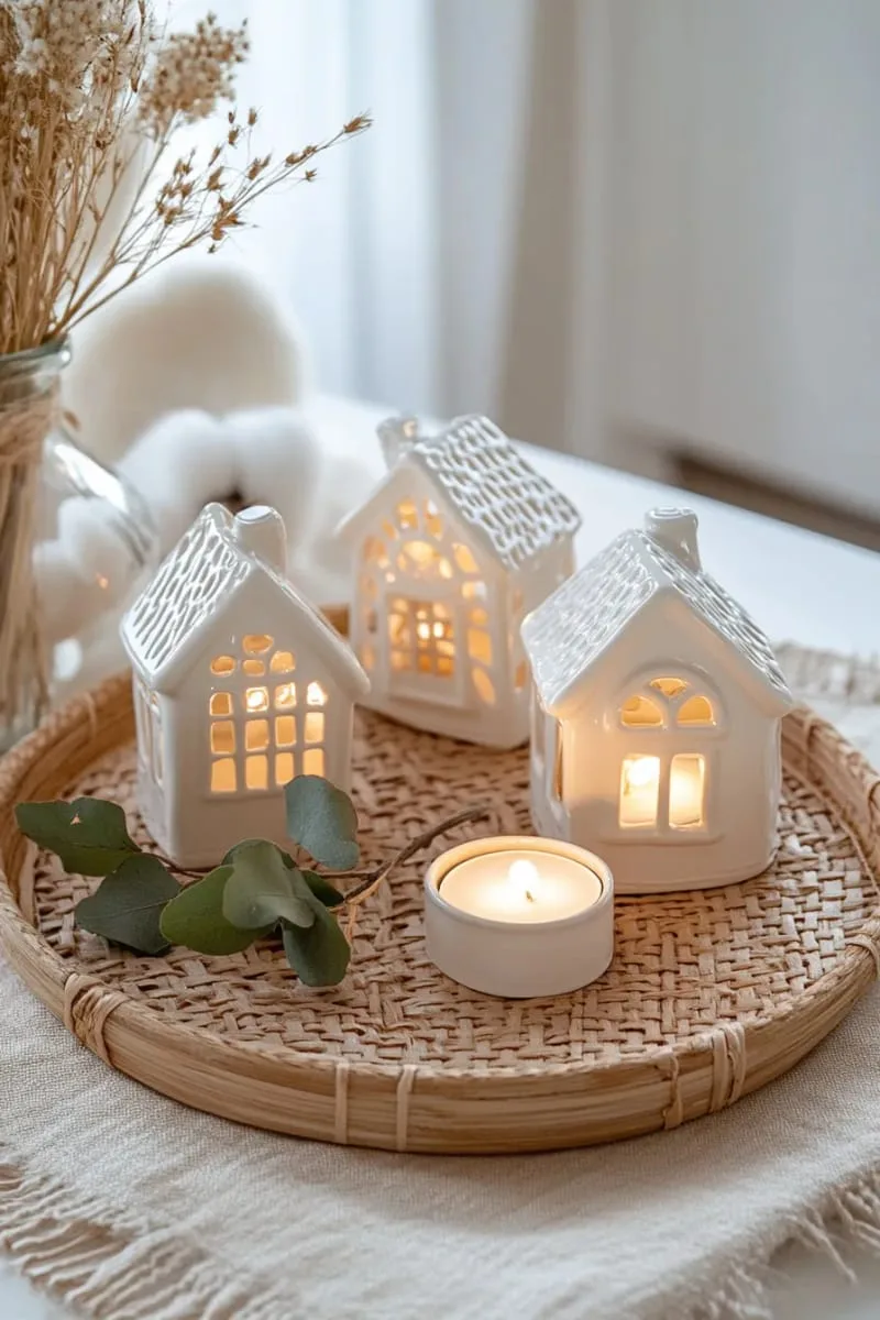 mini ceramic white houses with battery tea lights on a wooden tray 1