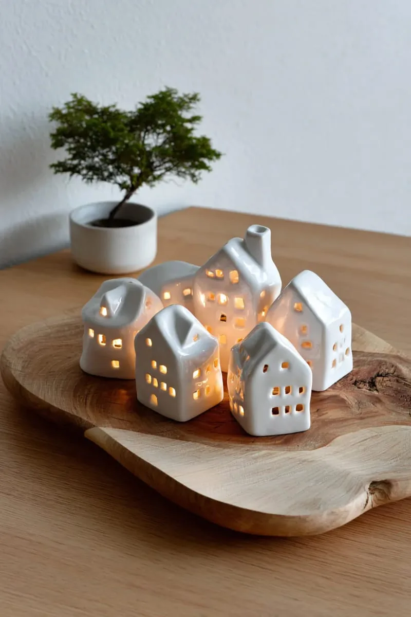 mini ceramic white houses with battery tea lights on a wooden tray 1