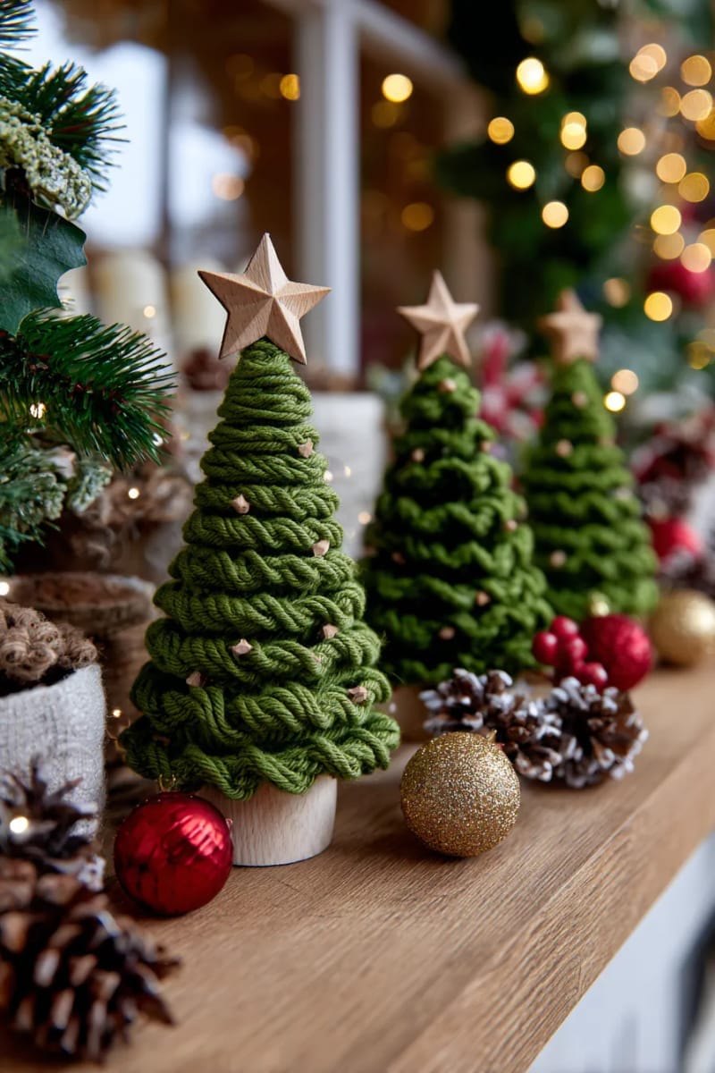 mini christmas trees made from layered green yarn and tiny wooden stars 1