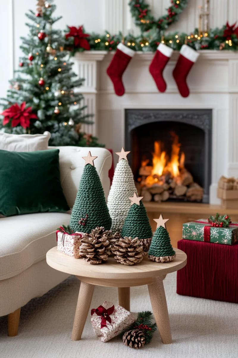 mini christmas trees made from layered green yarn and tiny wooden stars 1