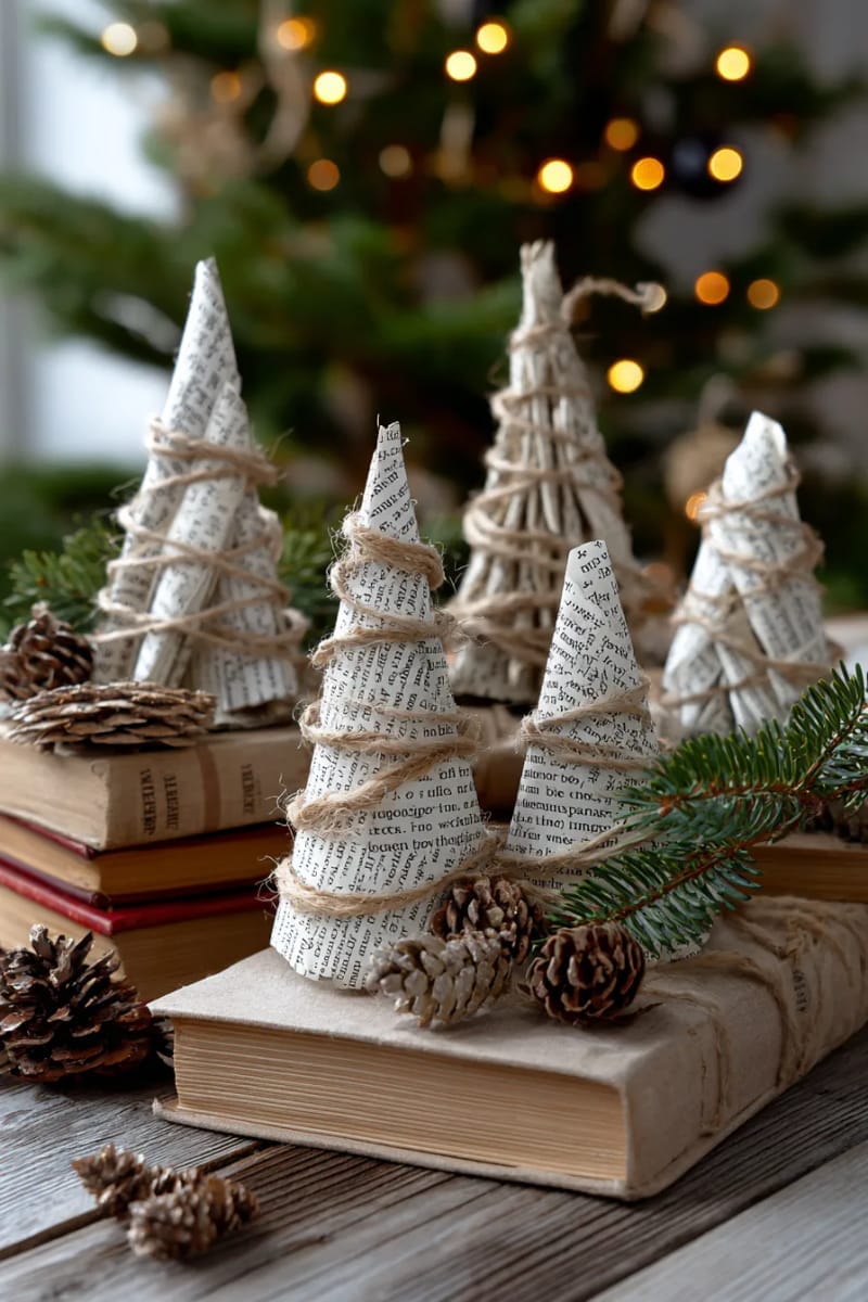 25 Upcycled Christmas Crafts DIY: Unique & Budget Friendly Decor Ideas 3 mini christmas trees made from rolled book pages and twine garlands 1